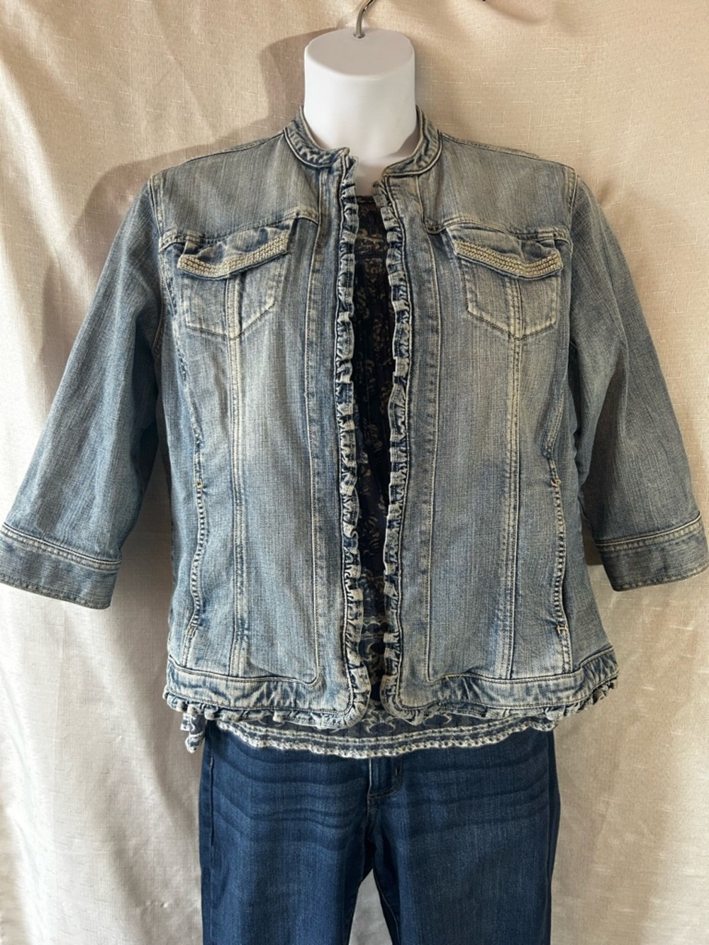 Chico’s Platinum Denim Jacket Size 3 or XL Ruffle Rhinestone Stretch Boho